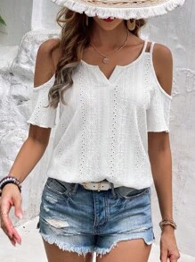 SHEIN Frenchy Áo thun nữ Cắt ra Tranh thêu màu trơn Giải trí - trắng - Xem 3