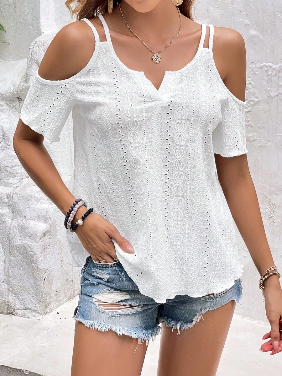 SHEIN Frenchy Áo thun nữ Cắt ra Tranh thêu màu trơn Giải trí - trắng - Xem 1