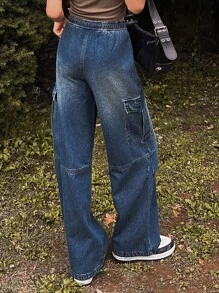 DAZY 腰部抽繩側翻蓋口袋工裝牛仔褲 - 深色水洗藍 - 查看 3