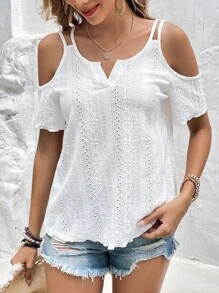 SHEIN Frenchy Áo thun nữ Cắt ra Tranh thêu màu trơn Giải trí - trắng - Xem 4