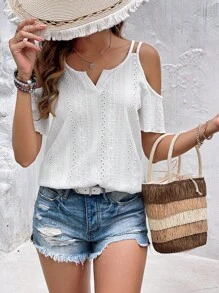 SHEIN Frenchy Áo thun nữ Cắt ra Tranh thêu màu trơn Giải trí - trắng - Xem 6