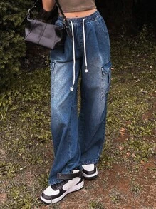 DAZY 腰部抽繩側翻蓋口袋工裝牛仔褲 - 深色水洗藍 - 查看 5