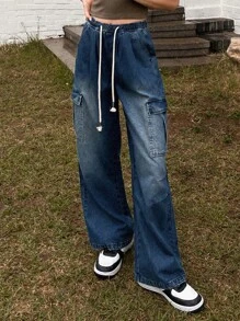 DAZY 腰部抽繩側翻蓋口袋工裝牛仔褲 - 深色水洗藍 - 查看 7