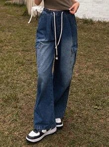 DAZY 腰部抽繩側翻蓋口袋工裝牛仔褲 - 深色水洗藍 - 查看 8
