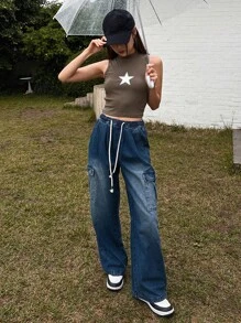 DAZY 腰部抽繩側翻蓋口袋工裝牛仔褲 - 深色水洗藍 - 查看 10