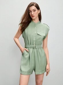 BizChic Button Front Belted Romper - Mint Green - View 4