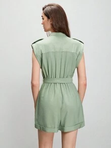 BizChic Button Front Belted Romper - Mint Green - View 5