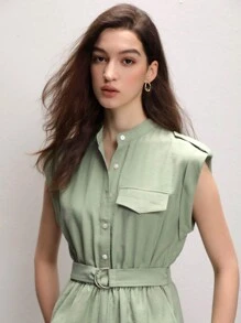 BizChic Button Front Belted Romper - Mint Green - View 2