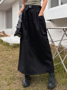 DAZY Flap Pocket Belted Cargo Skirt - Black - View 3