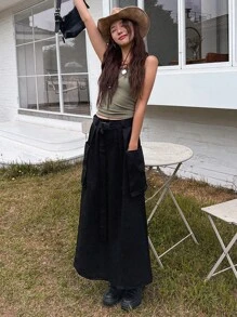 DAZY Flap Pocket Belted Cargo Skirt - Black - View 4