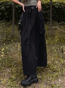 DAZY Flap Pocket Belted Cargo Skirt - Black - View 5