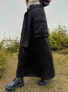 DAZY Flap Pocket Belted Cargo Skirt - Black - View 6