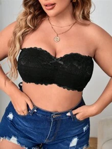 Plus Floral Lace Bow Front Bandeau Bra - Black - View 1