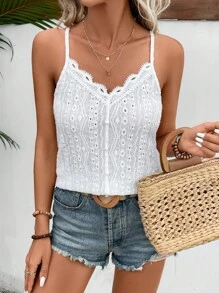 SHEIN Frenchy Eyelet Embroidery Scallop Trim Cami Top - White - View 1
