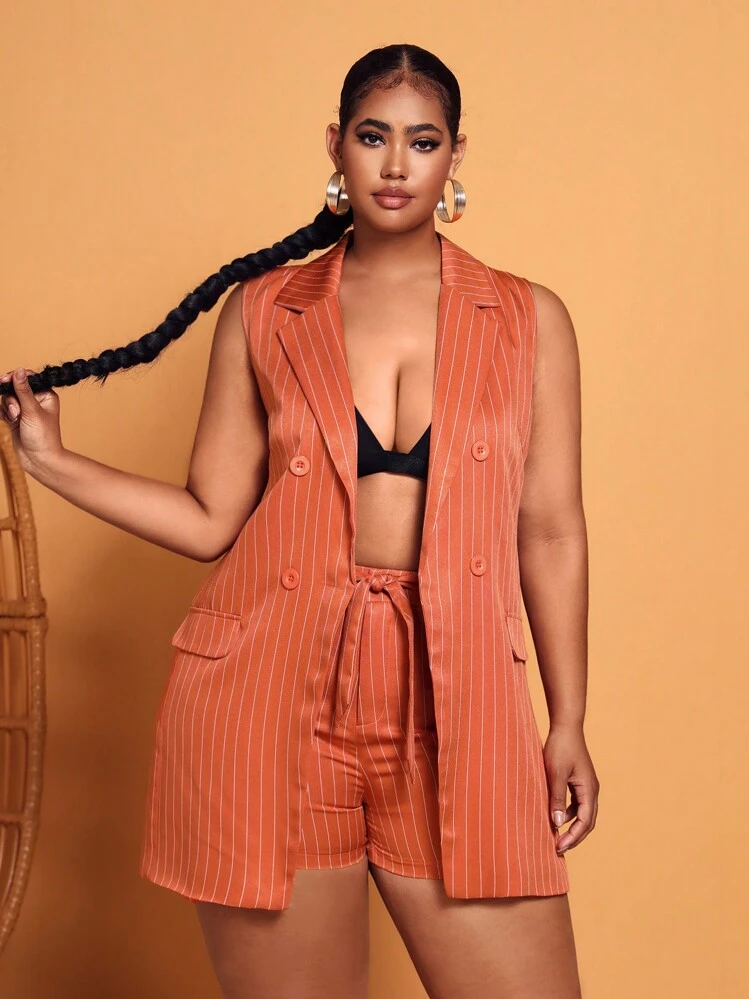 SHEIN SXY プラス ストライプ ベスト ブレザー & ノットフロント ショートパンツセット - オレンジ - 見る 1