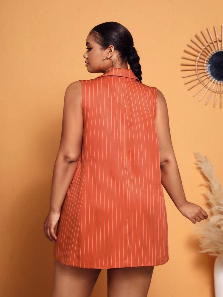SHEIN SXY プラス ストライプ ベスト ブレザー & ノットフロント ショートパンツセット - オレンジ - 見る 2