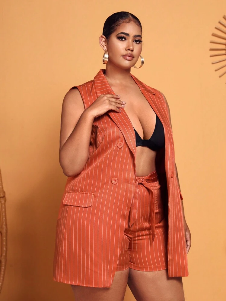 SHEIN SXY プラス ストライプ ベスト ブレザー & ノットフロント ショートパンツセット - オレンジ - 見る 4