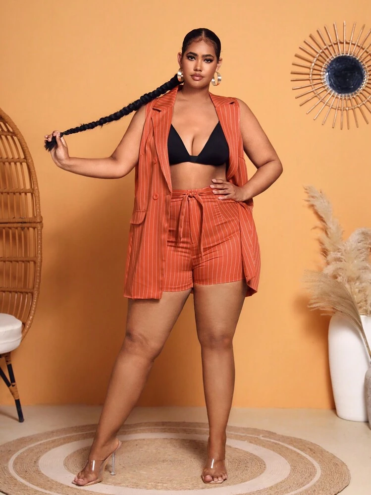 SHEIN SXY プラス ストライプ ベスト ブレザー & ノットフロント ショートパンツセット - オレンジ - 見る 5
