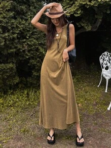 Slogan Graphic Tank Dress - Khaki - View 1