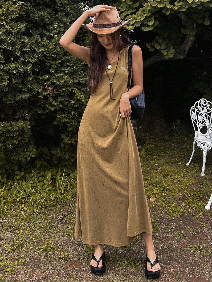 Slogan Graphic Tank Dress - Khaki - View 1