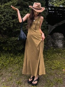 Slogan Graphic Tank Dress - Khaki - View 2