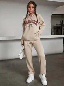 SHEIN EZwear 字母圖案袋鼠口袋抽繩連帽衫和運動褲 - 卡其色 - 查看 6