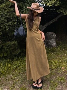 Slogan Graphic Tank Dress - Khaki - View 5