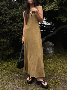 Slogan Graphic Tank Dress - Khaki - View 10