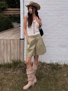 DAZY 斜口袋褶皺短褲 - 灰色 - 查看 9