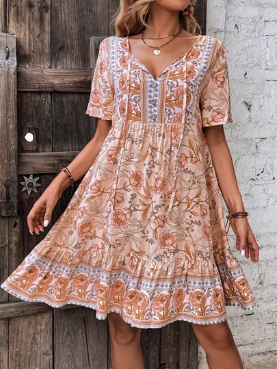 EMERY ROSE Floral Print Tie Neck Ruffle Hem Smock Dress