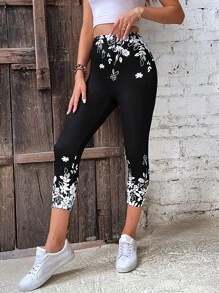 EMERY ROSE Floral Print Leggings - Black - View 1