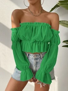 SHEIN Essnce Áo crop peplum trễ vai viền bèo nhún - màu xanh lá - Xem 1