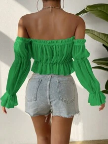 SHEIN Essnce Áo crop peplum trễ vai viền bèo nhún - màu xanh lá - Xem 2