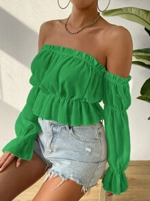 SHEIN Essnce Áo crop peplum trễ vai viền bèo nhún - màu xanh lá - Xem 4