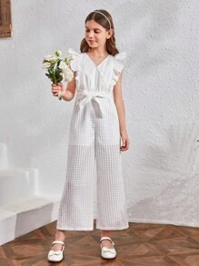 SHEIN 女孩荷葉邊腰帶闊腿連體褲 - 白色 - 查看 5