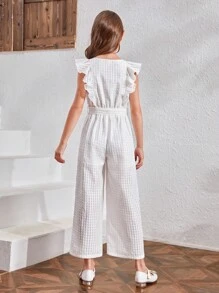 SHEIN 女孩荷葉邊腰帶闊腿連體褲 - 白色 - 查看 2