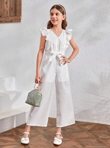 SHEIN 女孩荷葉邊腰帶闊腿連體褲 - 白色 - 查看 3