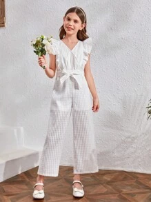 SHEIN 女孩荷葉邊腰帶闊腿連體褲 - 白色 - 查看 1