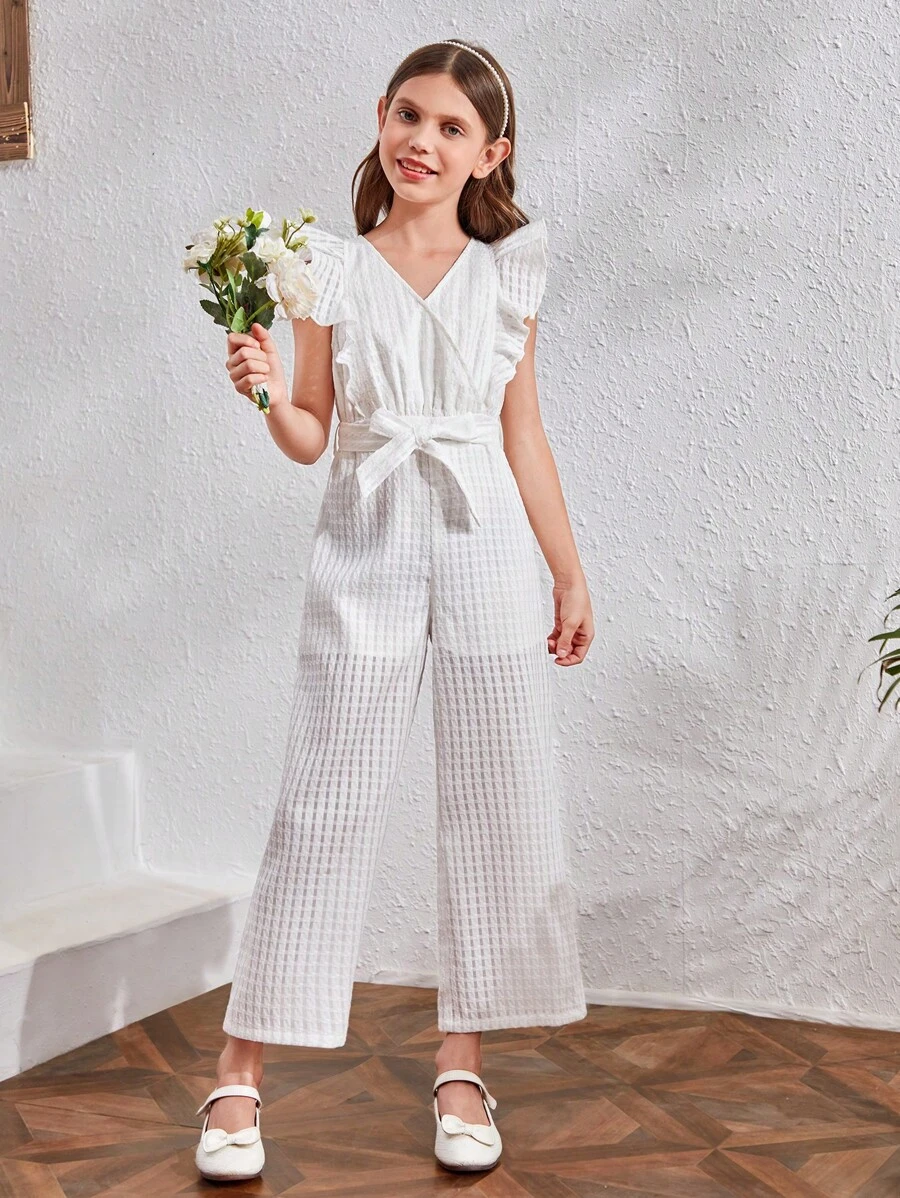 SHEIN 女孩荷葉邊腰帶闊腿連體褲 - 白色 - 查看 1