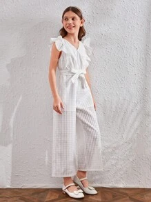 SHEIN 女孩荷葉邊腰帶闊腿連體褲 - 白色 - 查看 4
