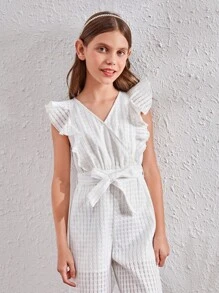 SHEIN 女孩荷葉邊腰帶闊腿連體褲 - 白色 - 查看 6