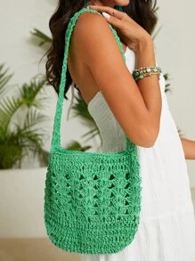 SHEIN VCAY 大鉤針編織袋休閒綠色鏤空敞口單肩包適用於度假 - 綠色 - 查看 1