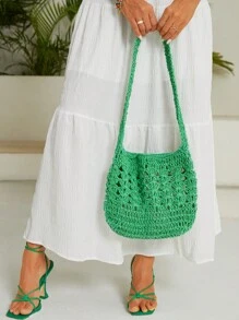 SHEIN VCAY 大鉤針編織袋休閒綠色鏤空敞口單肩包適用於度假 - 綠色 - 查看 3