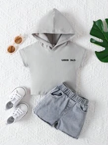 男嬰字母圖案連帽T恤和牛仔短褲 - 彩色 - 查看 3