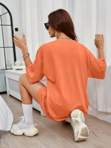SHEIN EZwear Letter Graphic Drop Shoulder Tee - Coral Orange - View 2