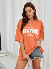 SHEIN EZwear Letter Graphic Drop Shoulder Tee - Coral Orange - View 3