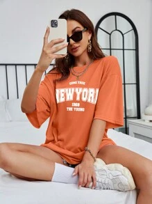 SHEIN EZwear Letter Graphic Drop Shoulder Tee - Coral Orange - View 4