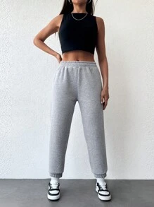 RueChic Pantalón de chándal con cintura elástica sólida - Gris Claro - Ver 4