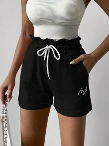 Cottnline 字母刺绣抽绳纸袋腰短裤 - 黑色 - 查看 1