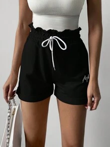 Cottnline 字母刺绣抽绳纸袋腰短裤 - 黑色 - 查看 5